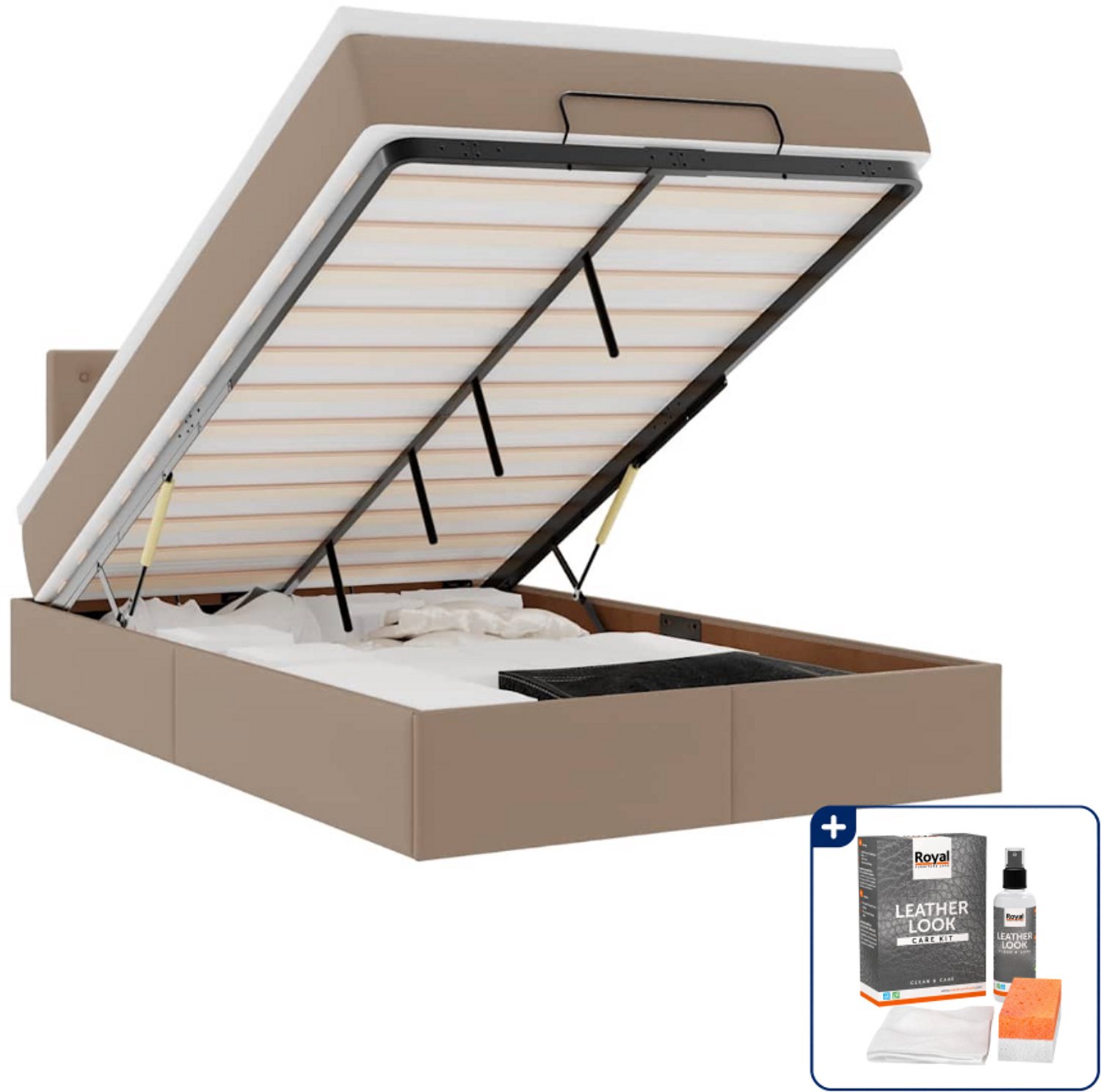 vidaXL ottoman bed met matras en LED - 120 x 200 cm - kunstleer - cappuccino - Inclusief onderhoudsset voor kunstleer 150 ml Groen