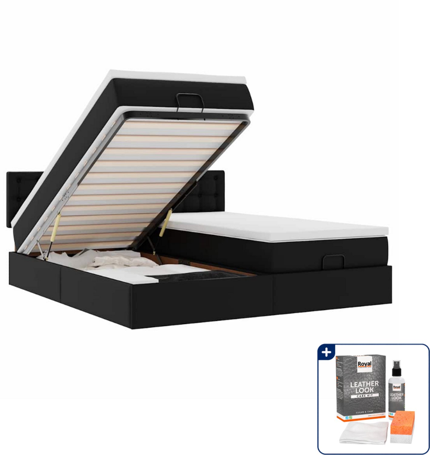 vidaXL ottoman bed met matras - 200 x 200 cm - kunstleer - zwart - Inclusief onderhoudsset voor kunstleer 150 ml
