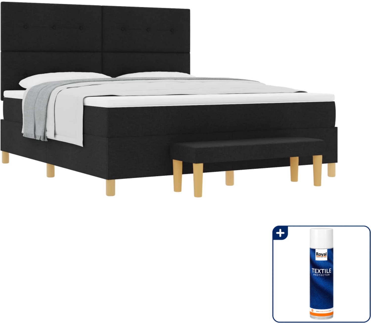 vidaXL Kingsize boxspring met matras en bank - 180 x 200 cm - Zwart - Inclusief textielbeschermer 500 ml