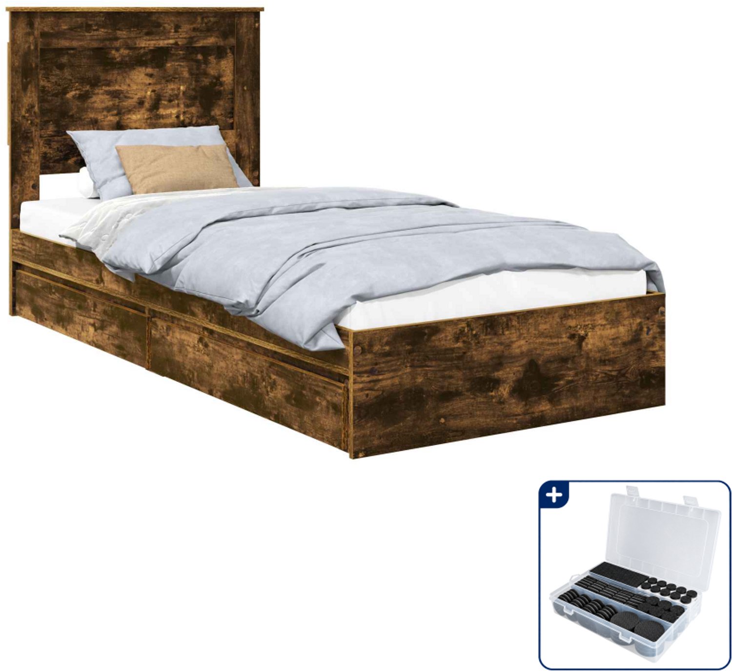 vidaXL bedframe - 75 x 190 cm - bewerkt hout - gerookt eiken - Inclusief antikrasvilt 177-delig Bruin