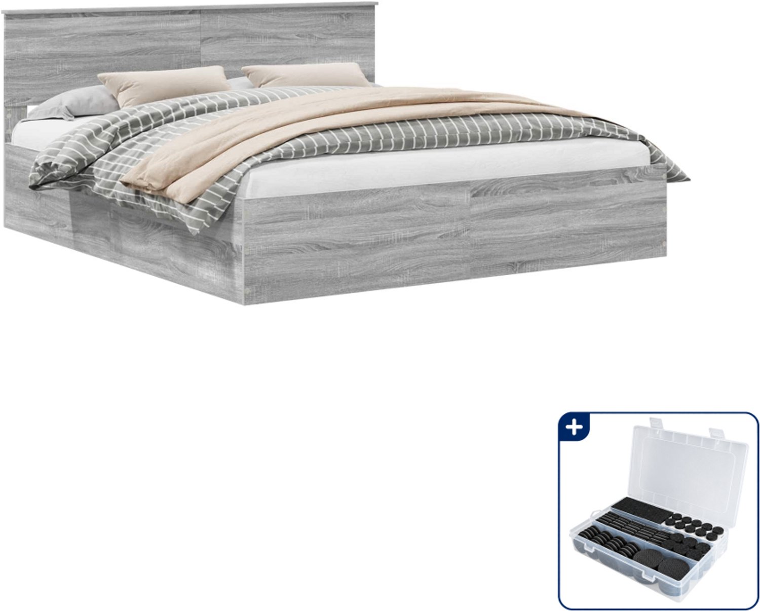 vidaXL bedframe - 200 x 200 cm - bewerkt hout - grijs sonoma - Inclusief antikrasvilt 177-delig