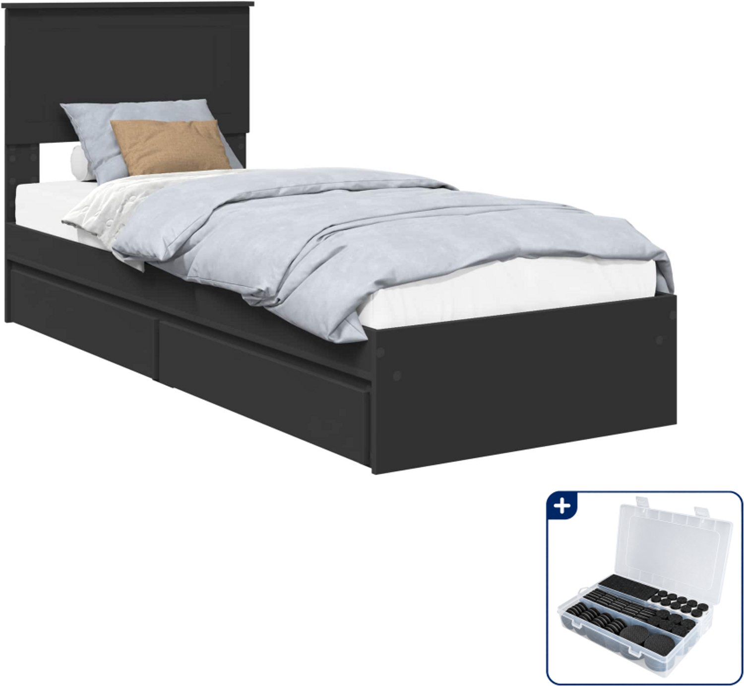 vidaXL bedframe met opberglade - 75 x 190 cm - bewerkt hout - zwart - Inclusief antikrasvilt 177-delig