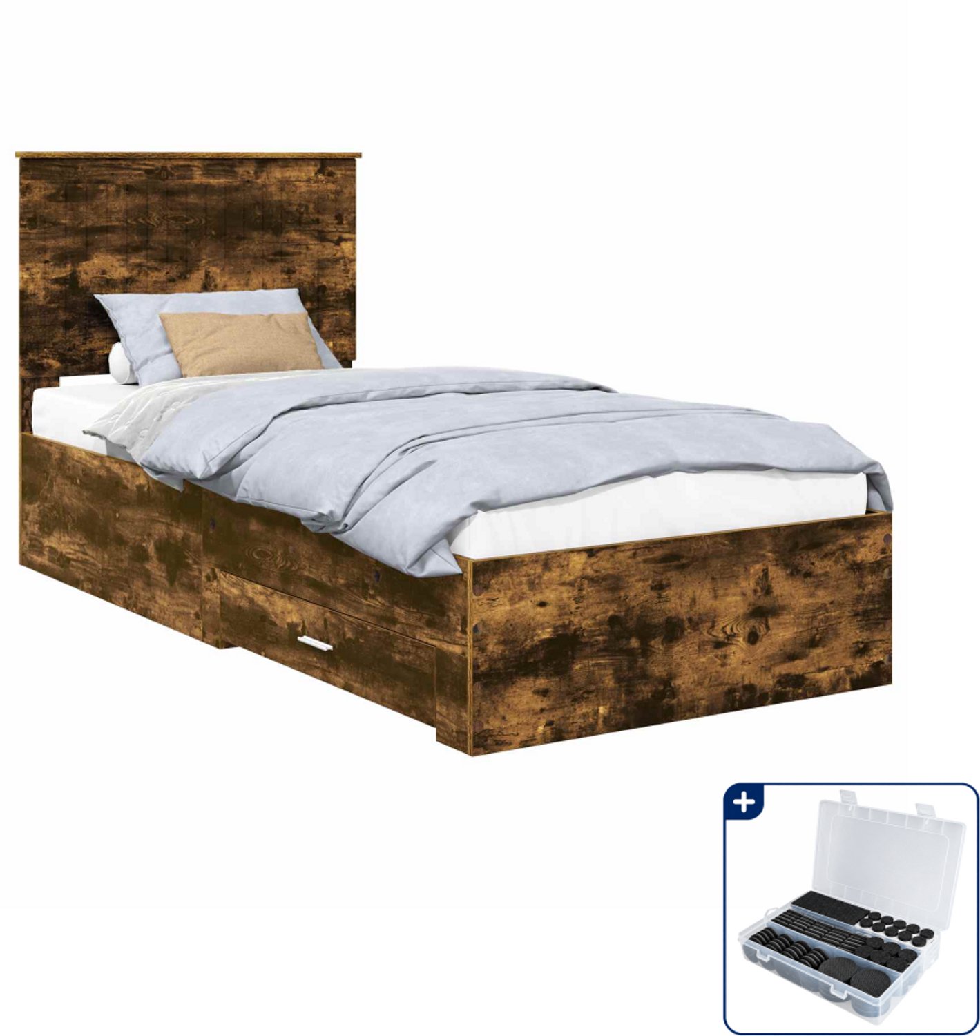 vidaXL Bedframe met lade - 90 x 200 cm - bewerkt hout - gerookt eiken - Inclusief antikrasvilt 177-delig Bruin
