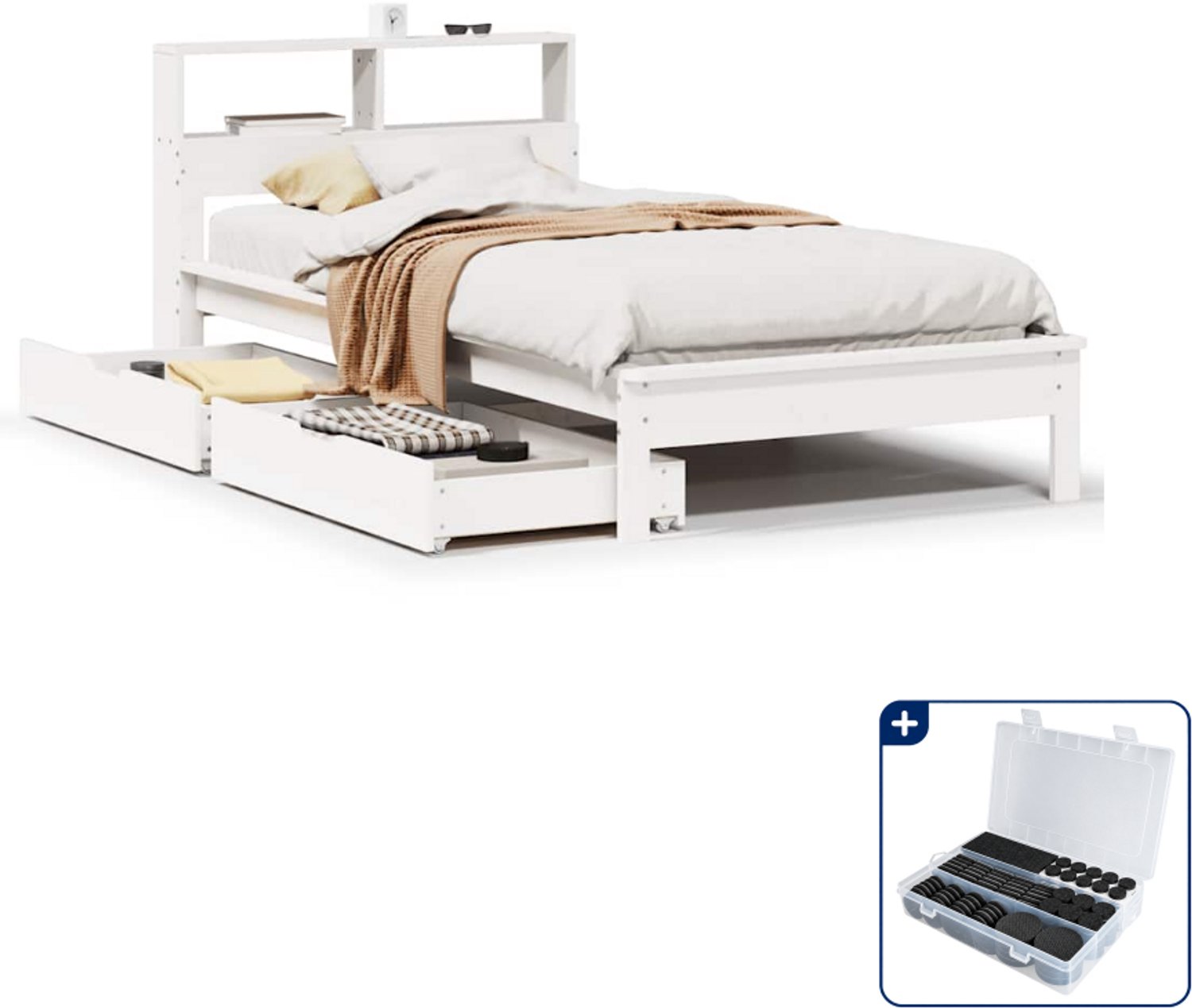 vidaXL bed met boekenkast - 75 x 190 cm - massief grenenhout - wit - Inclusief antikrasvilt 177-delig Zwart