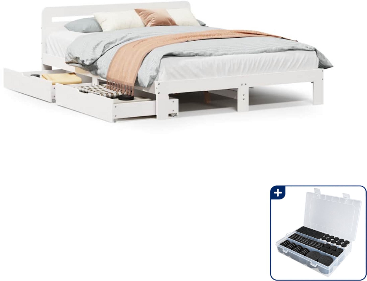 vidaXL Queensize bedframe - 160 x 200 cm - wit - Inclusief antikrasvilt 177-delig Grijs