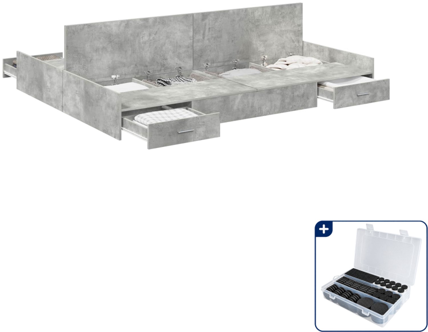 vidaXL opbergbedframe - 135 x 190 cm - beton grijs - Inclusief antikrasvilt 177-delig