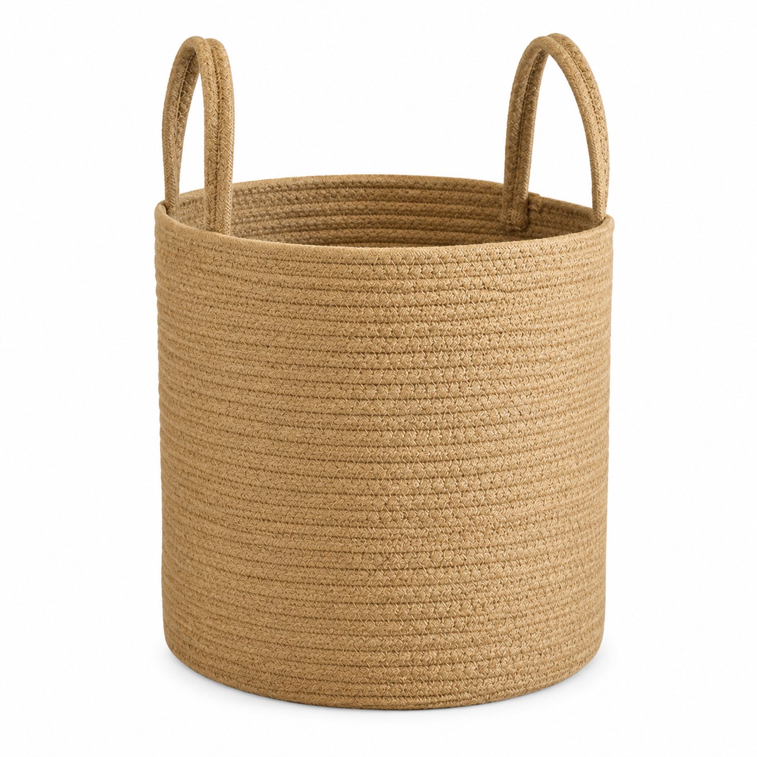 Ronde wasmand en opbergmand van katoenen koord - kaki, groot - diameter 30 cm, mandhoogte 30 cm - twee hengsels