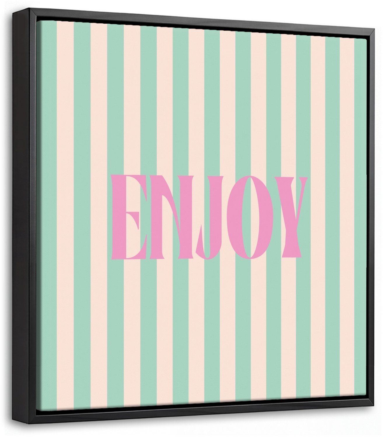 Canvas Schilderij met Baklijst 20x20cm - Roze - Groen - Strepen - Enjoy - Muurdecoratie woonkamer - Slaapkamer decoratie - Kamer accessoires - Schilderijen op canvas met lijst