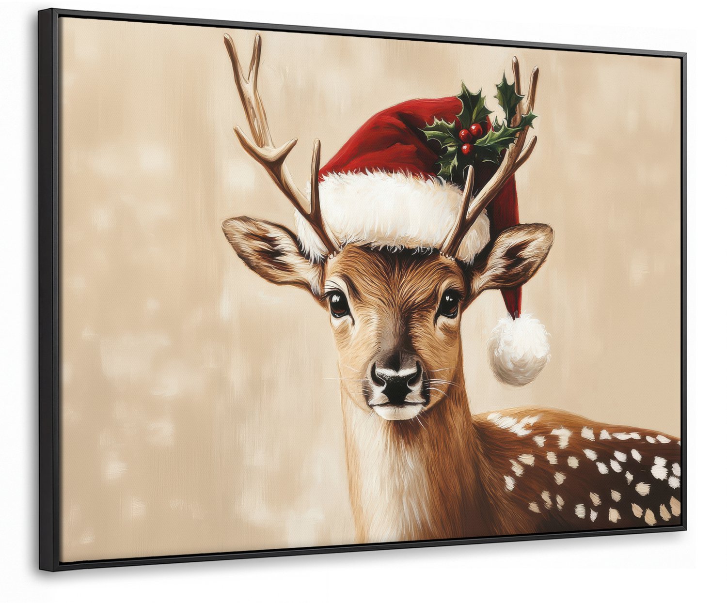 Canvas Schilderij met Baklijst 80x60cm - Kerst - Hert - Gewei - Rood - Muurdecoratie woonkamer - Slaapkamer decoratie - Kamer accessoires - Schilderijen op canvas met lijst