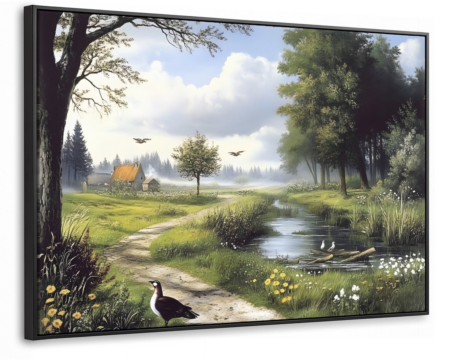 Canvas Schilderij met Baklijst XXL Canvas Schilderij met Baklijst 120x80cm - Zandpad - Groen landschap - Water - Muurdecoratie woonkamer - Slaapkamer decoratie - Kamer accessoires - Schilderijen op canvas met lijst groot