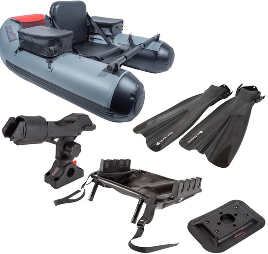 Grijze Ultimate Explorer bellyboat met stoel, zwarte zwemvliezen, hengelsteun, opbergtas en montageplaat.