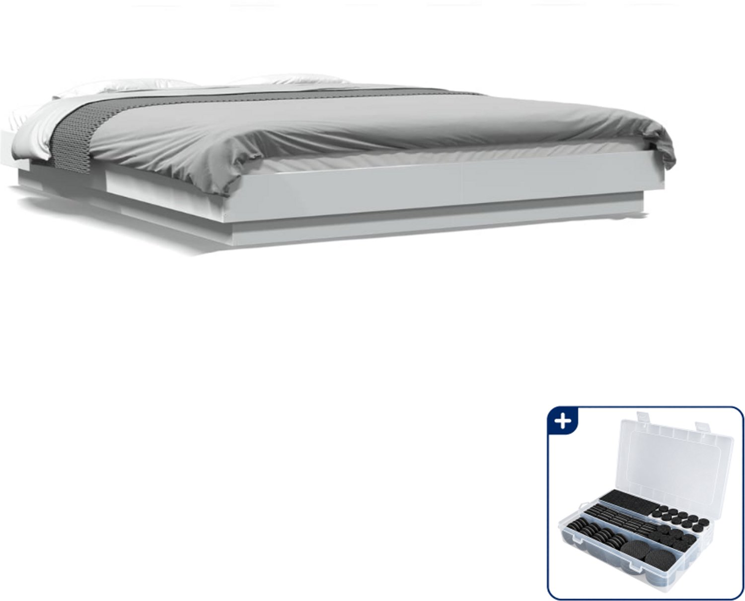 vidaXL Bedframe - 150 x 200 cm - bewerkt hout - wit - Inclusief antikrasvilt 177-delig Grijs