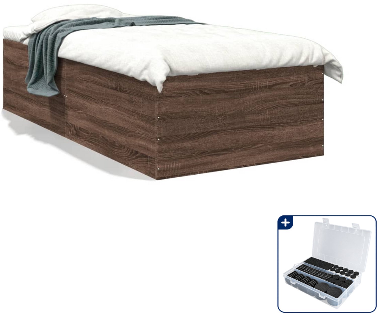 vidaXL bedframe - 90 x 190 cm - bewerkt hout - bruin eiken - Inclusief antikrasvilt 177-delig