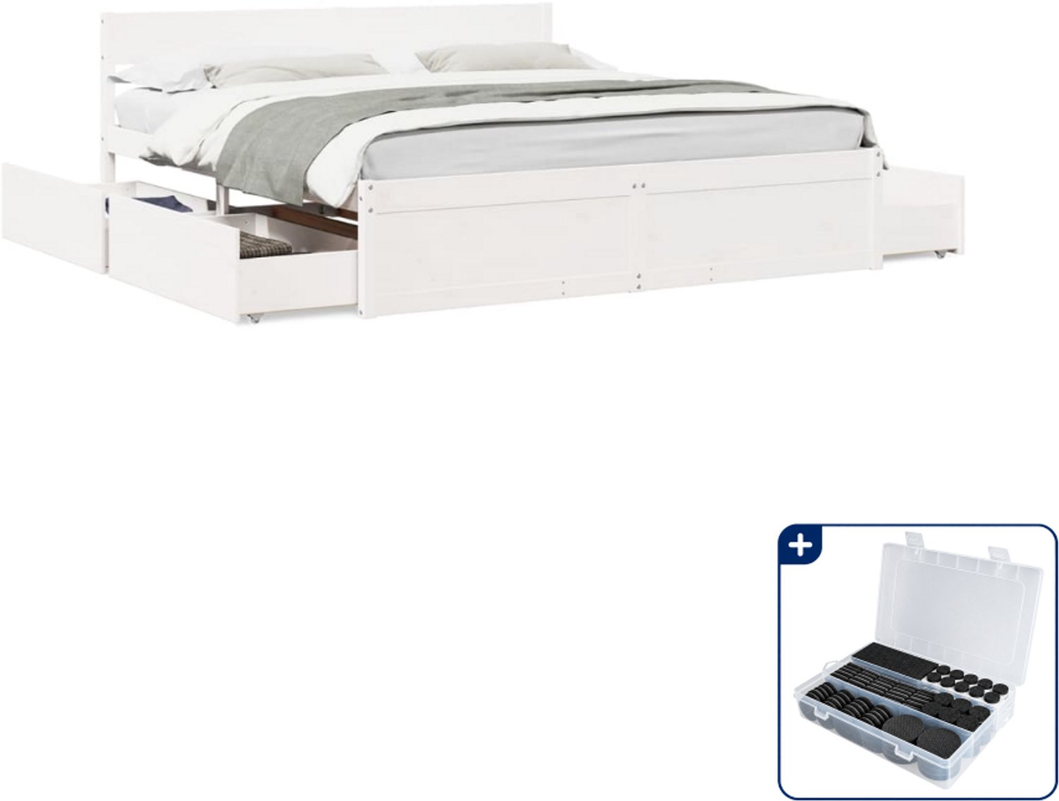 vidaXL bedframe - 200 x 200 cm - massief grenenhout - wit - Inclusief antikrasvilt 177-delig Blauw