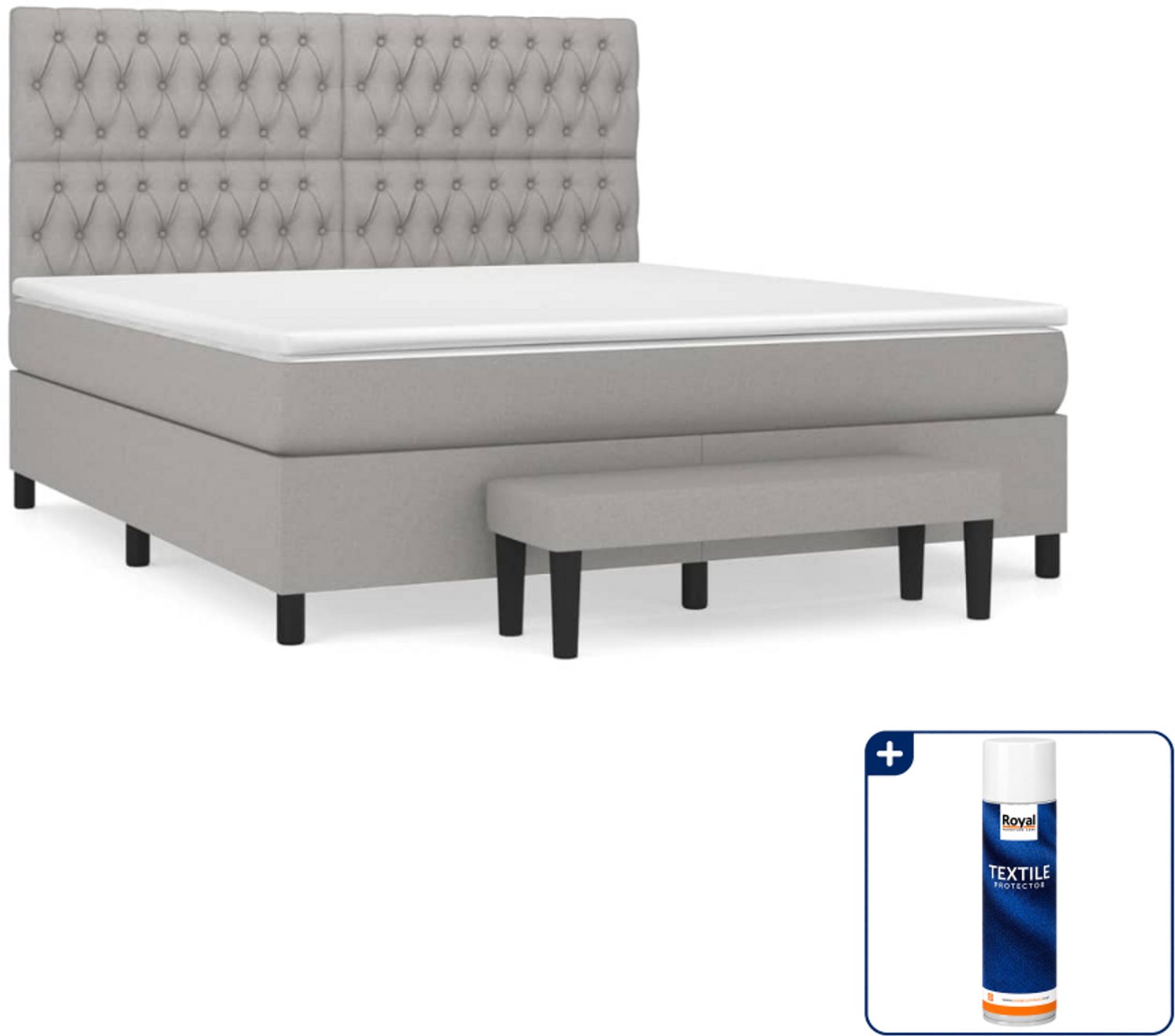 vidaXL Kingsize boxspring met matras en bankje - 180 x 200 cm - grijs - Inclusief textielbeschermer 500 ml