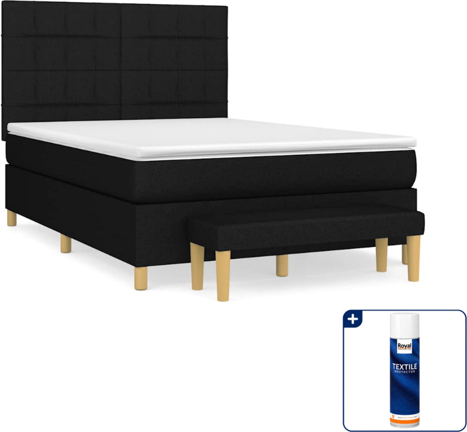 vidaXL boxspring met matras en bankje - 140 x 190 cm - zwart - Inclusief textielbeschermer 500 ml