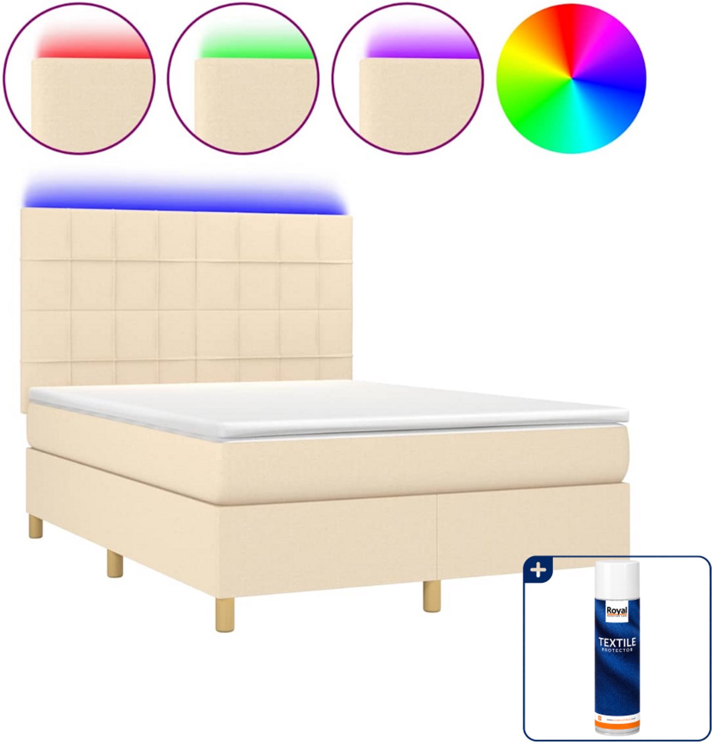 vidaXL boxspring met matras en LED - 140 x 190 cm - crèmekleurig - Inclusief textielbeschermer 500 ml