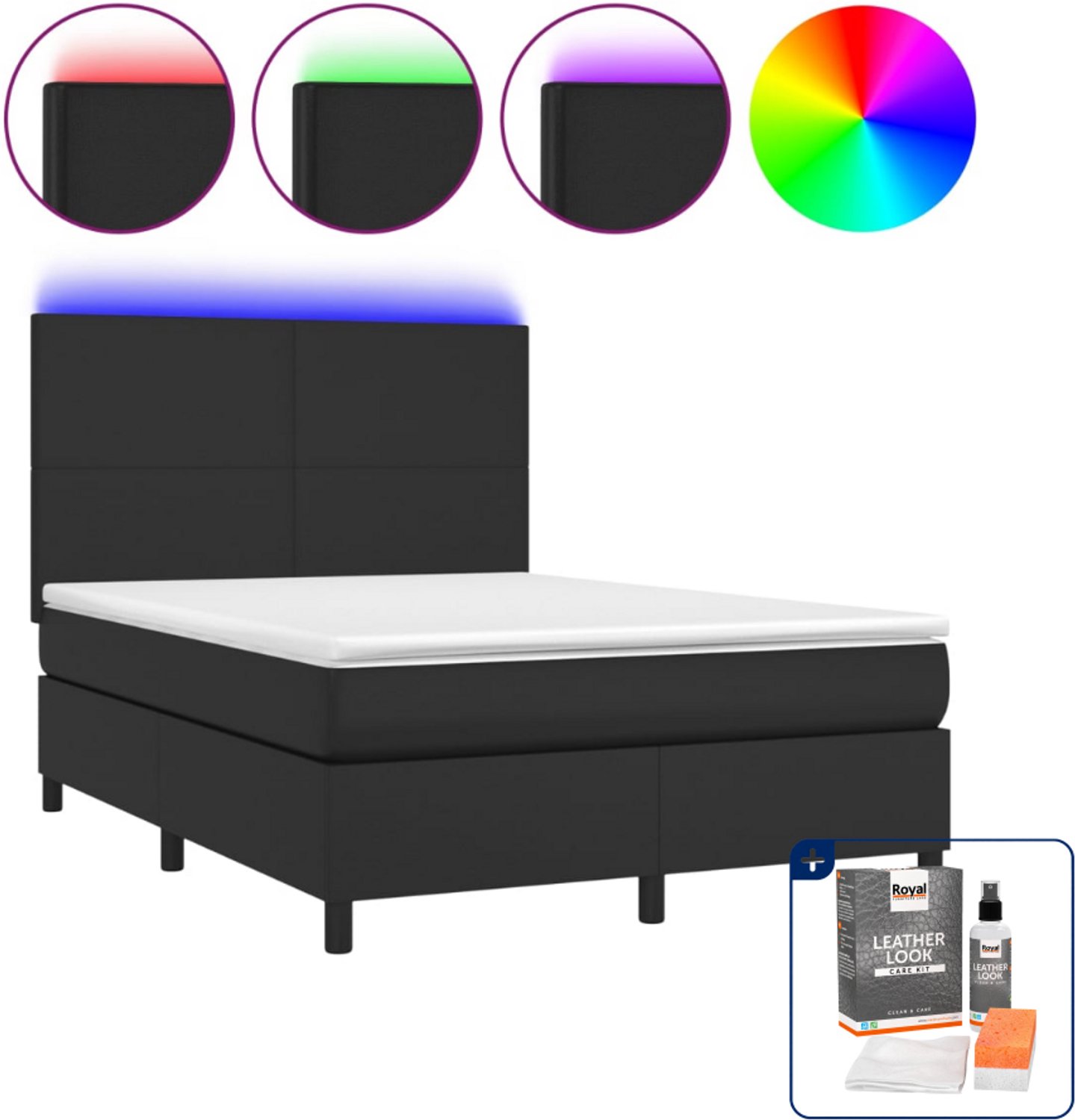 vidaXL boxspring met matras en LED - 140 x 190 cm - zwart - Inclusief onderhoudsset voor kunstleer 150 ml