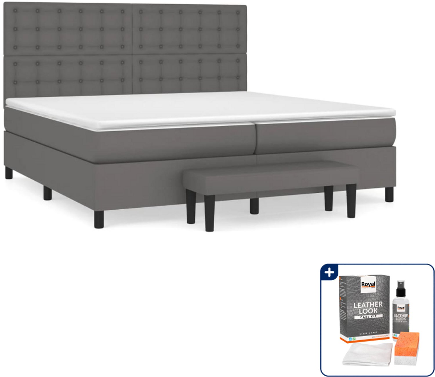 vidaXL Super kingsize boxspring met matras en bank - grijs - Inclusief onderhoudsset voor kunstleer 150 ml