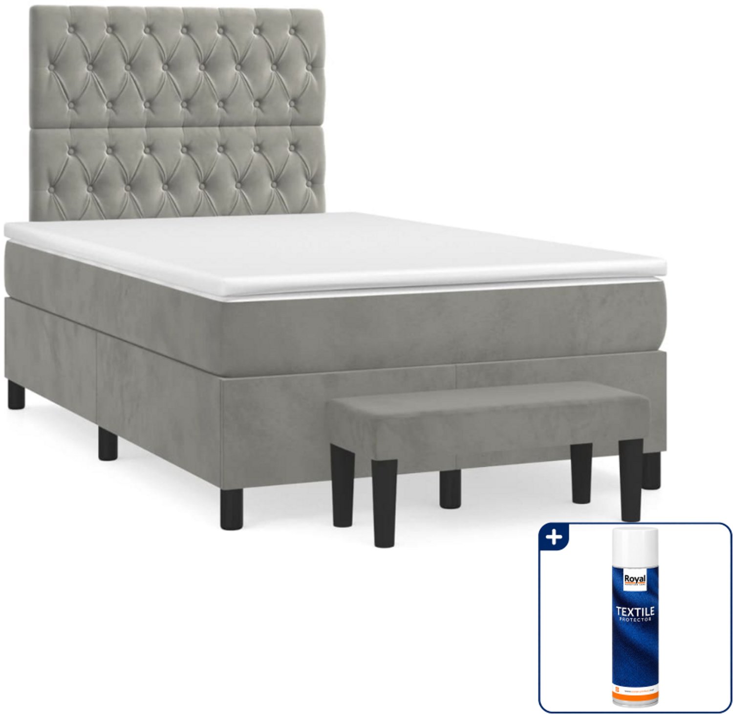 vidaXL boxspring met matras en bankje - 120 x 200 cm - fluweel - lichtgrijs - Inclusief textielbeschermer 500 ml