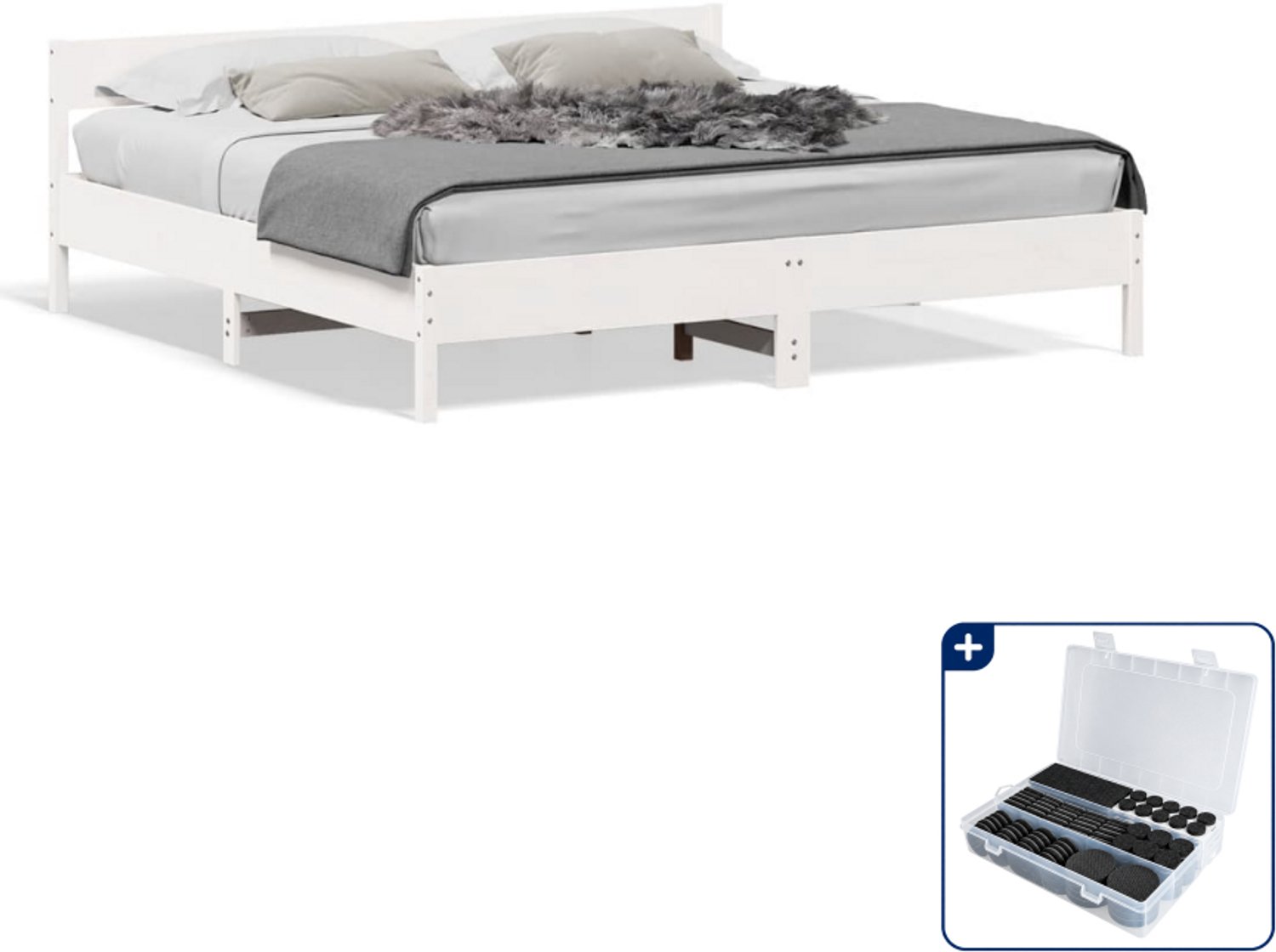 vidaXL Kingsize bedframe 180 x 200 cm - massief grenenhout - wit - Inclusief antikrasvilt 177-delig