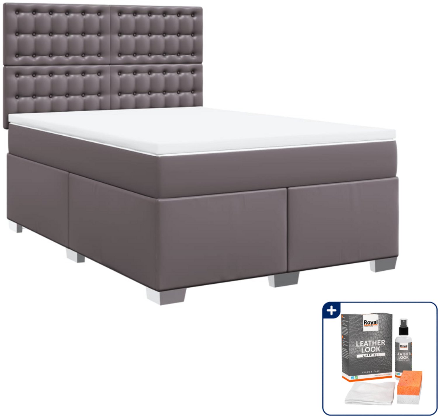 vidaXL boxspring met matras - 140 x 190 cm - kunstleer - grijs - Inclusief onderhoudsset voor kunstleer 150 ml
