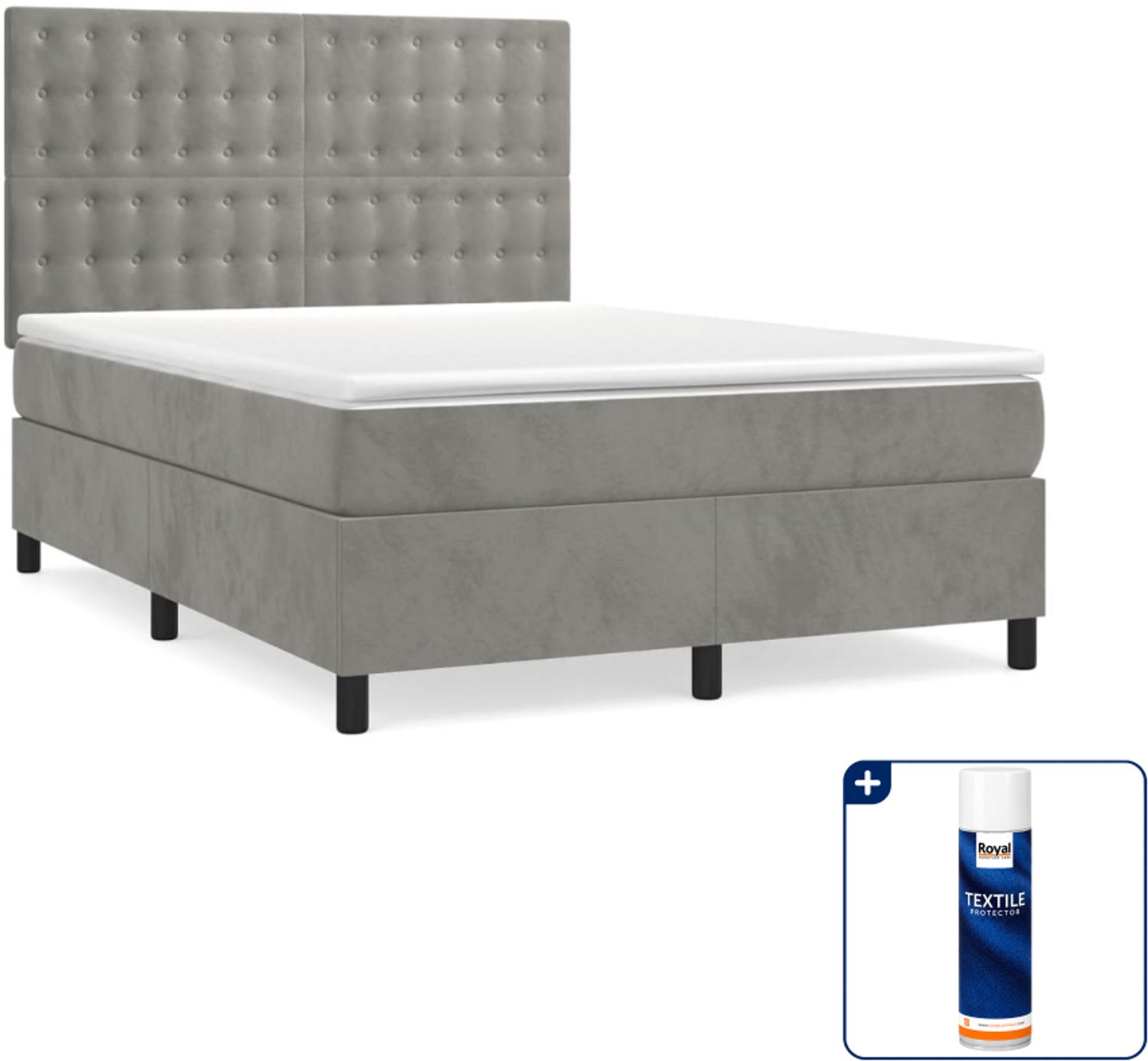 vidaXL boxspring Small double - 140 x 200 cm - fluweel - lichtgrijs - Inclusief textielbeschermer 500 ml