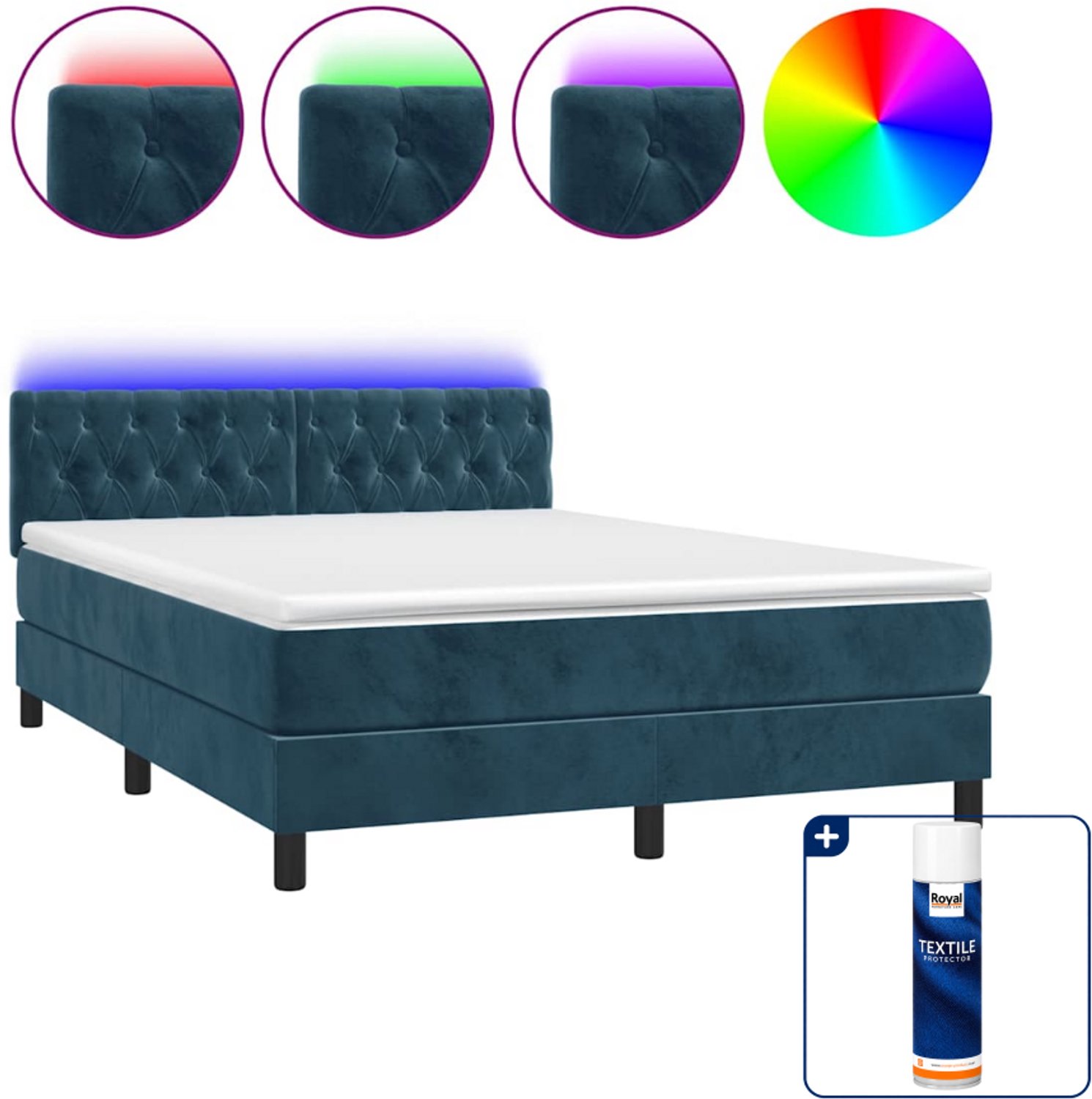vidaXL boxspring met matras en LED - 140 x 190 cm - donkerblauw - Inclusief textielbeschermer 500 ml
