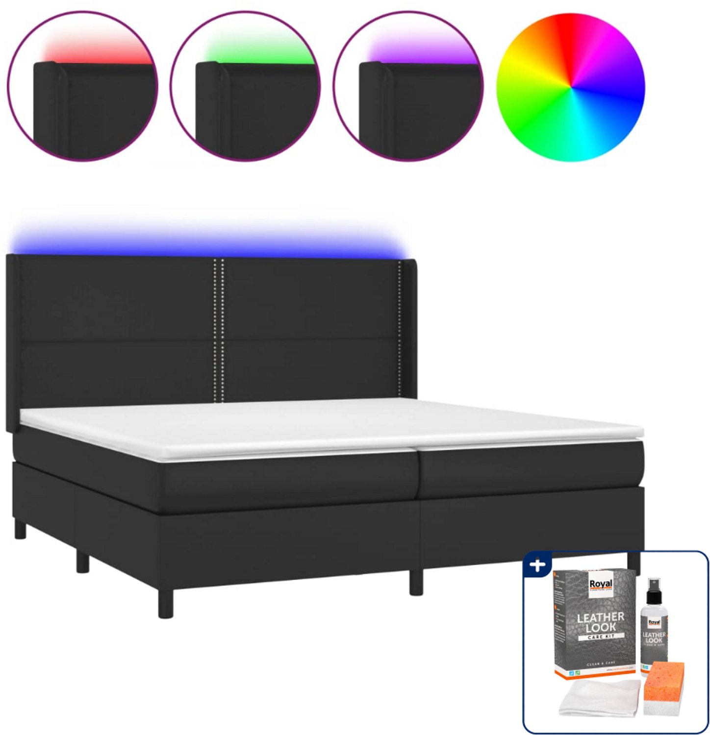 vidaXL boxspring met matras en LED - 200x200 cm - kunstleer - zwart - Inclusief onderhoudsset voor kunstleer 150 ml