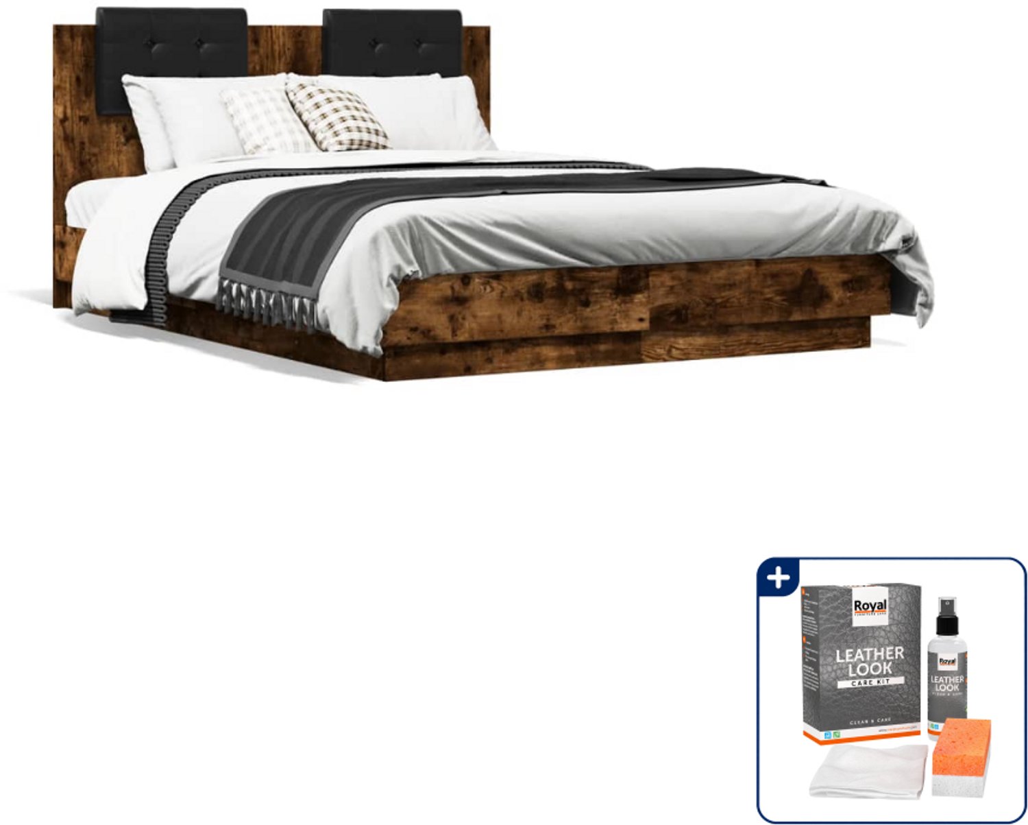 vidaXL bedframe met hoofdeinde - 120 x 190 cm - gerookt eiken - Inclusief onderhoudsset voor kunstleer 150 ml Grijs