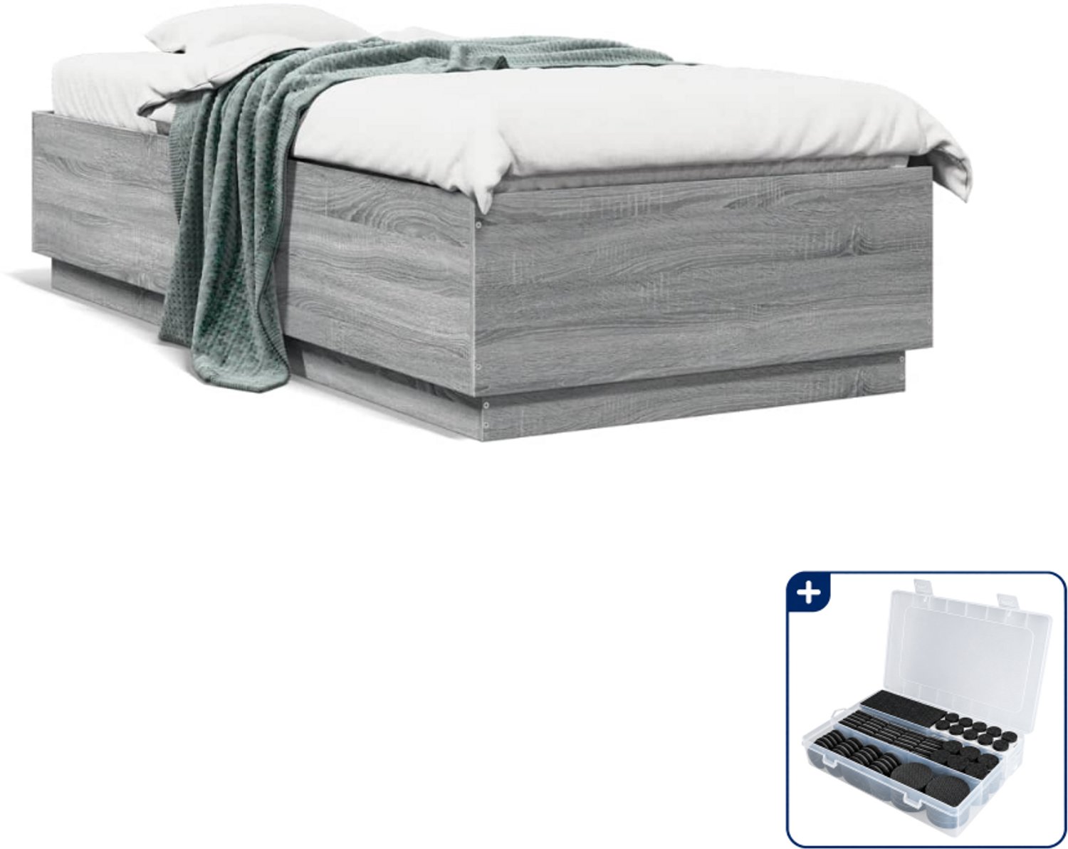 vidaXL Bedframe - 90 x 200 cm - bewerkt hout - grijs sonoma eiken - Inclusief antikrasvilt 177-delig Groen