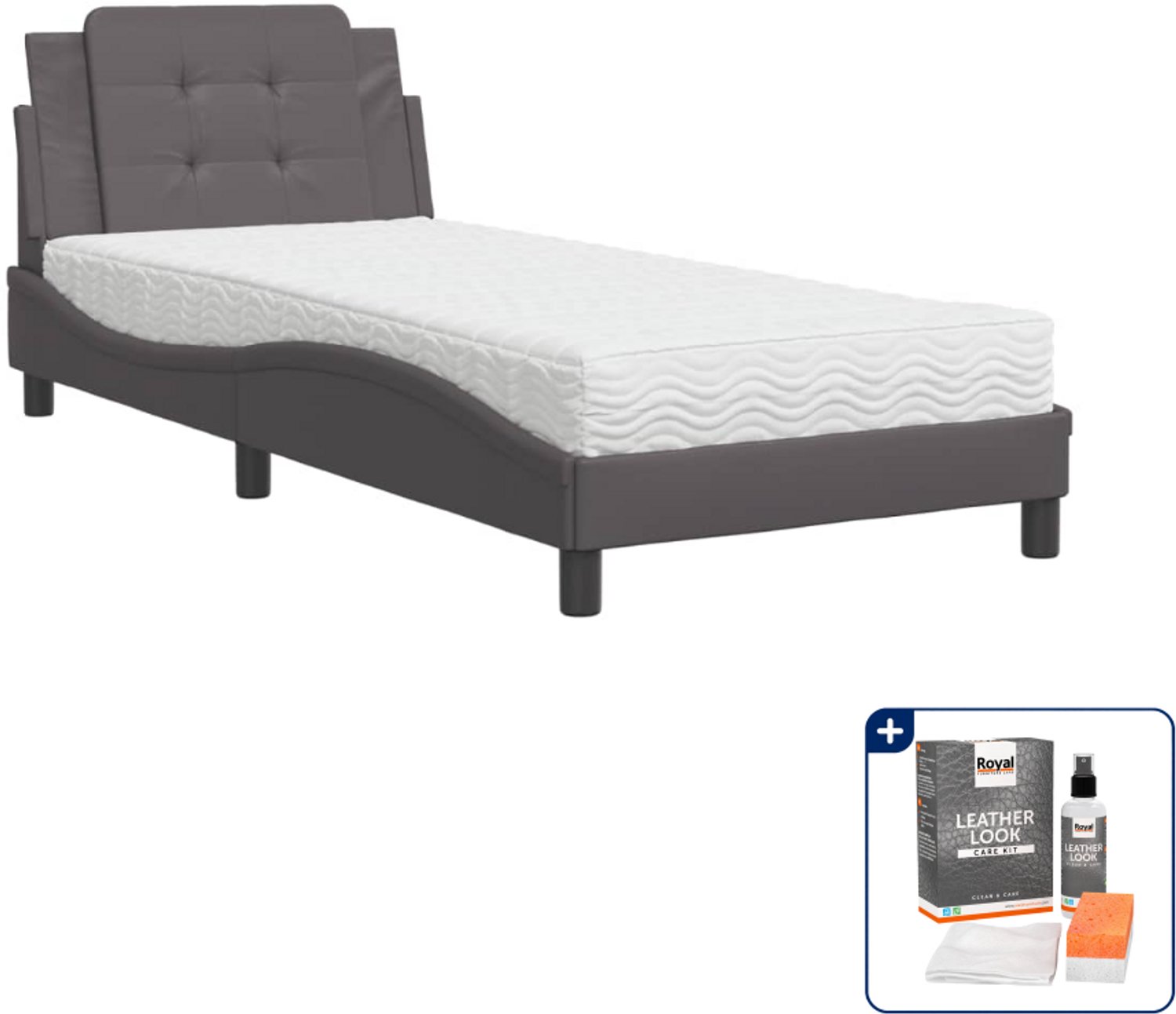 vidaXL Bed met matras Zadar - 90 x 200 cm - kunstleer - grijs - Inclusief onderhoudsset voor kunstleer 150 ml Bruin