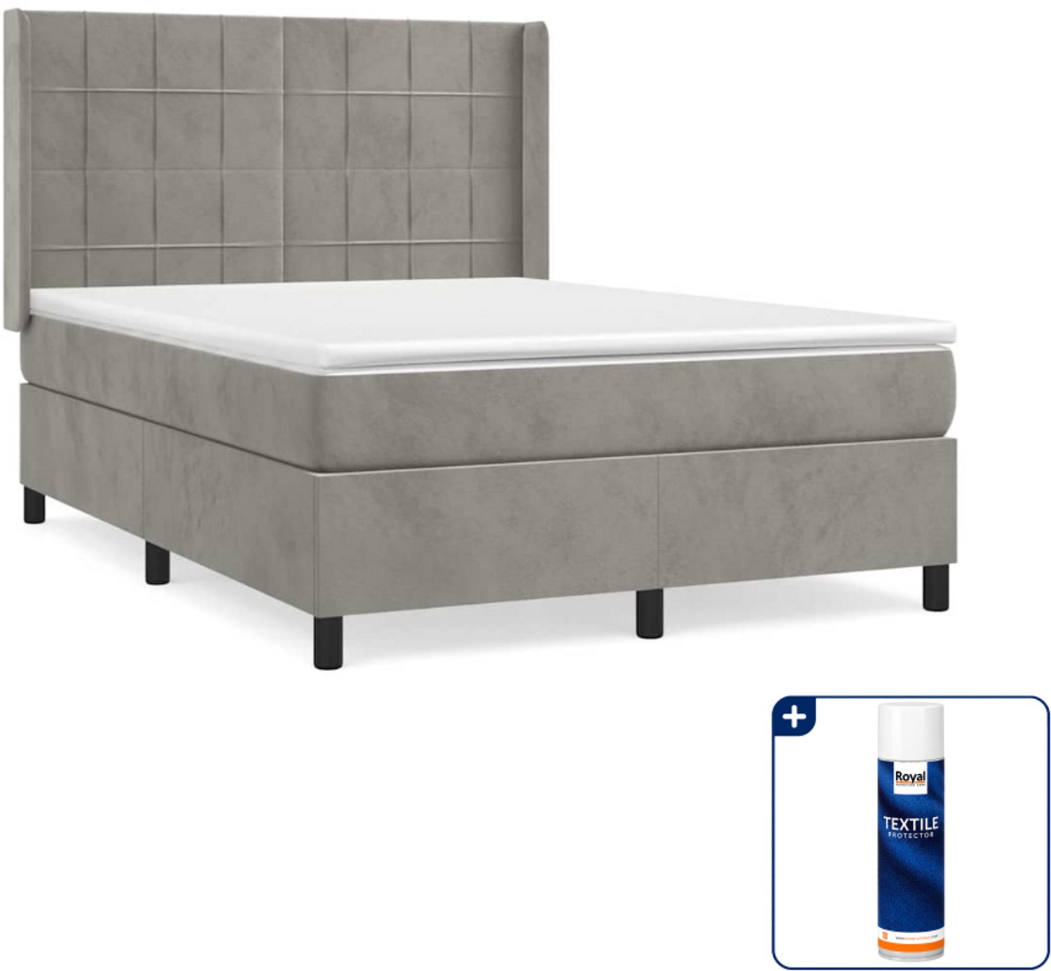 vidaXL boxspring met matras 140 x 190 cm - fluweel - lichtgrijs - Inclusief textielbeschermer 500 ml