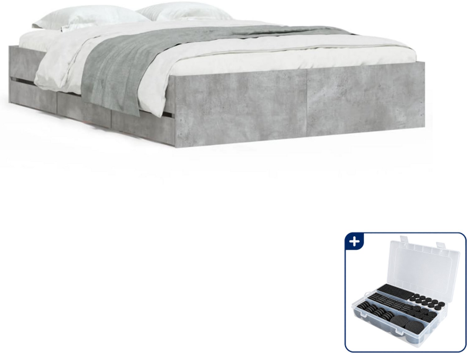 vidaXL bedframe met lades - 135 x 190 cm - bewerkt hout - betongrijs - Inclusief antikrasvilt 177-delig