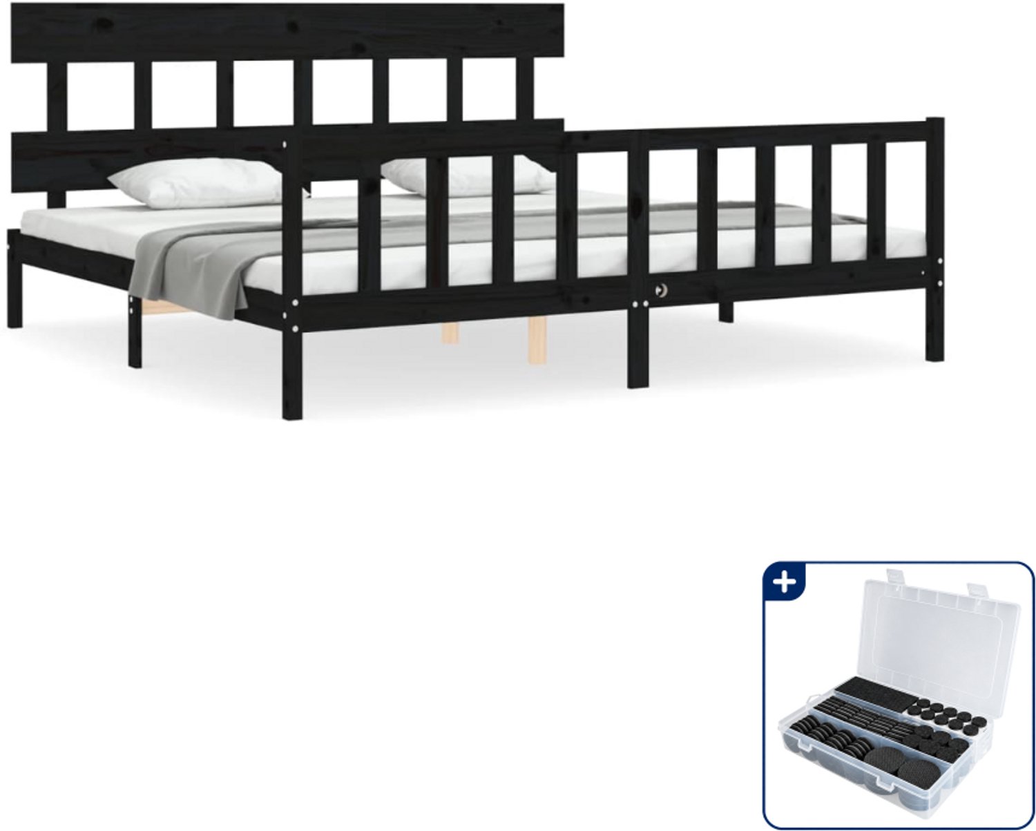 vidaXL bedframe met hoofdbord - 200 x 200 cm - massief grenenhout - zwart - Inclusief antikrasvilt 177-delig