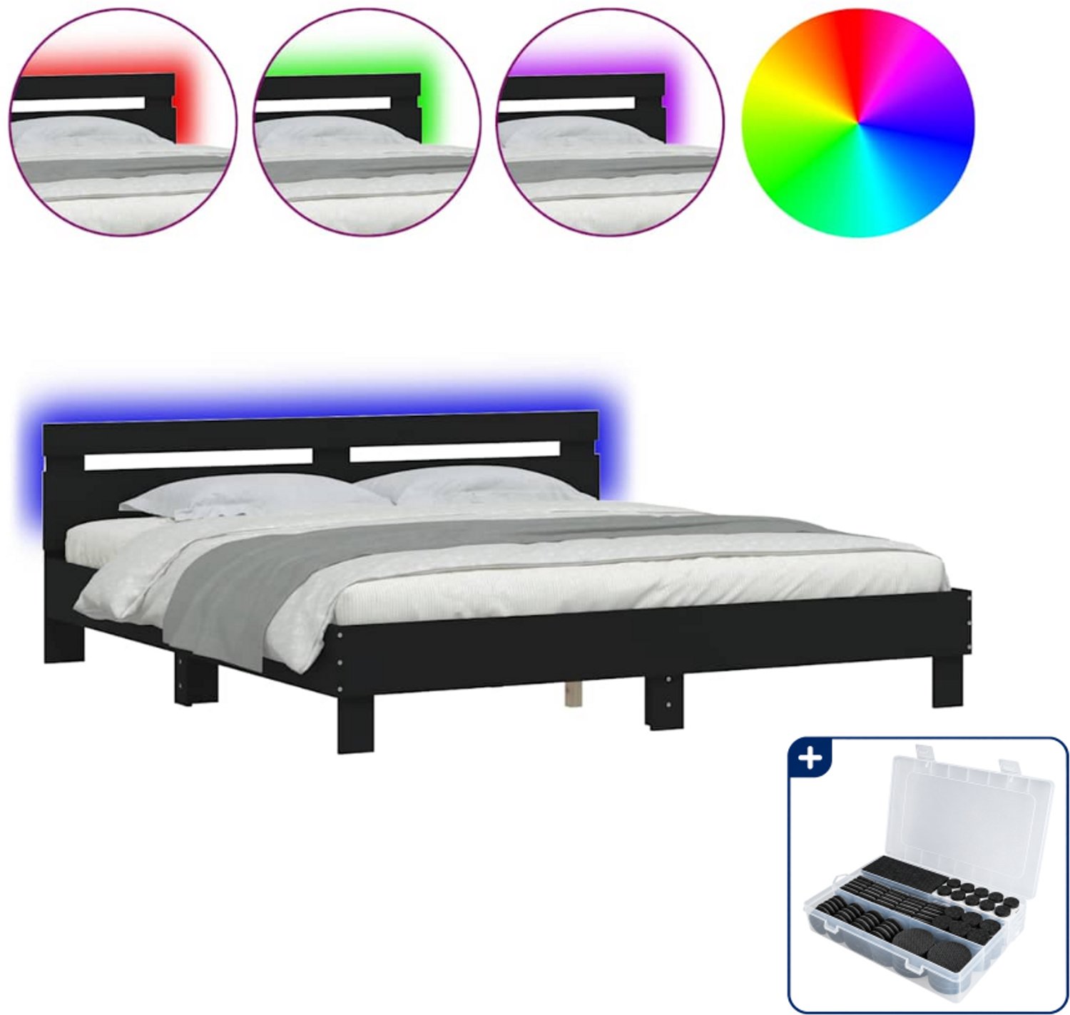 vidaXL bedframe met hoofdeinde en led - Kingsize - 180 x 200 cm - zwart - Inclusief antikrasvilt 177-delig Wit