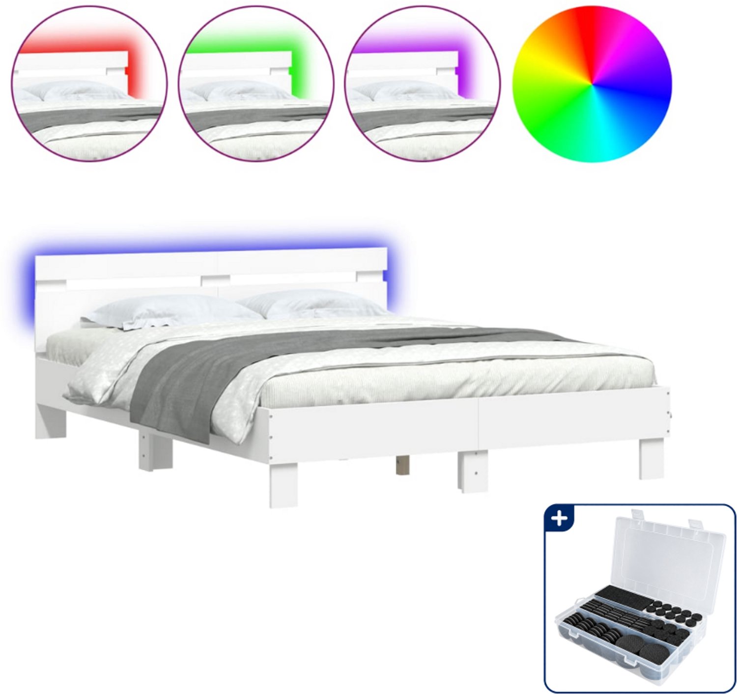 vidaXL bedframe met LED - 140 x 190 cm - bewerkt hout - wit - Inclusief antikrasvilt 177-delig