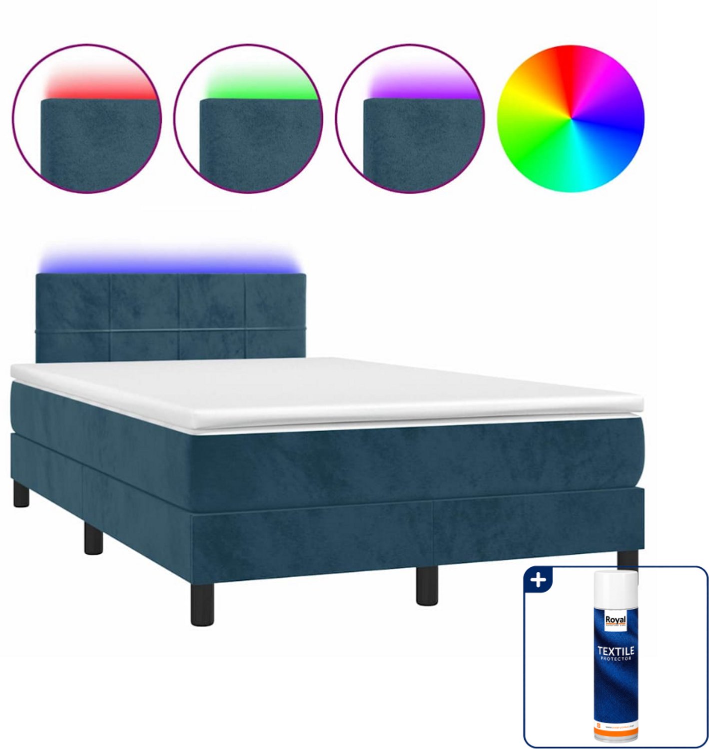 vidaXL boxspring met matras en led - 120 x 190 cm - fluweel - donkerblauw - Inclusief textielbeschermer 500 ml Grijs