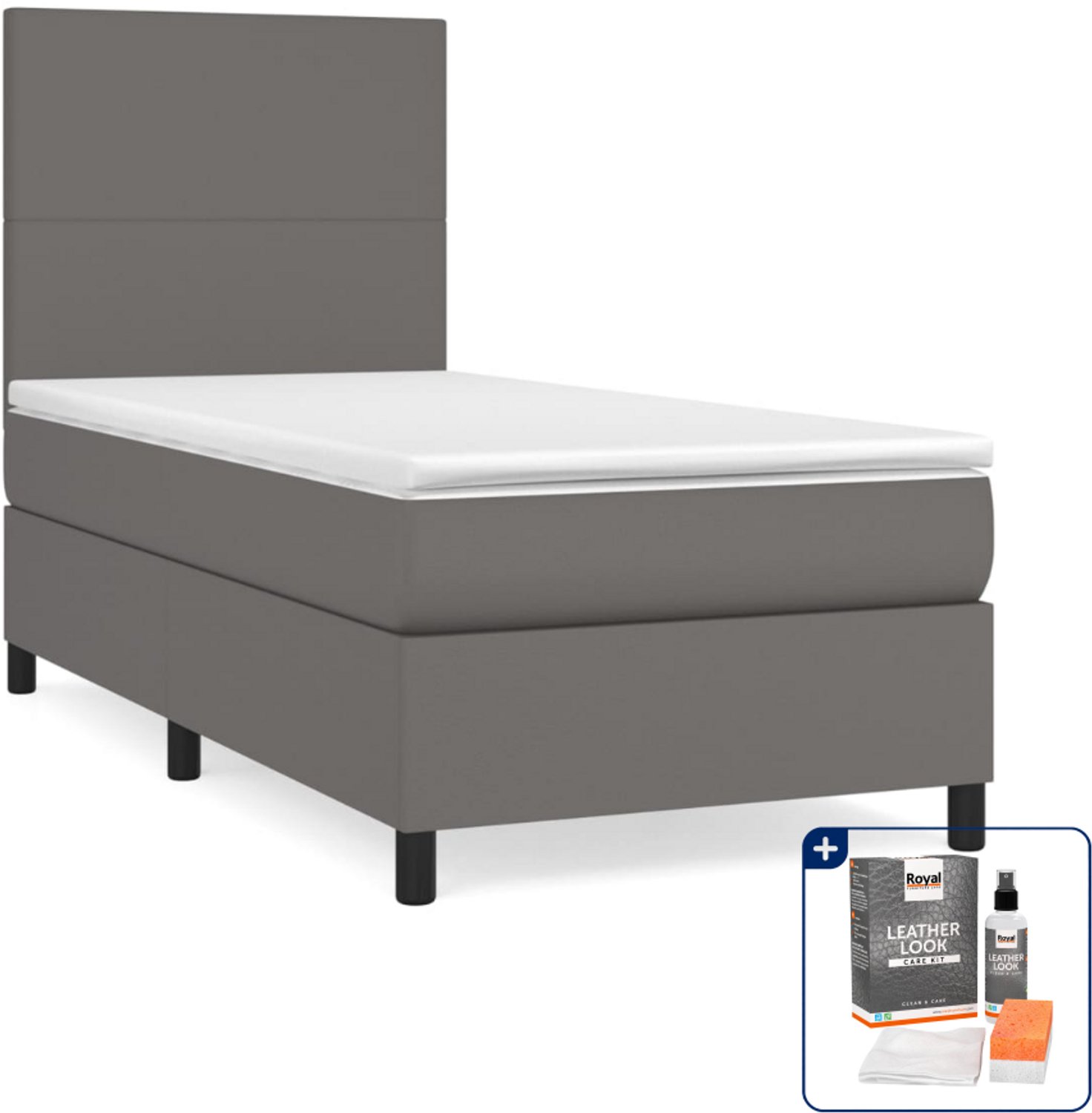 vidaXL boxspring met matras - 90 x 200 cm - kunstleer - grijs - Inclusief onderhoudsset voor kunstleer 150 ml