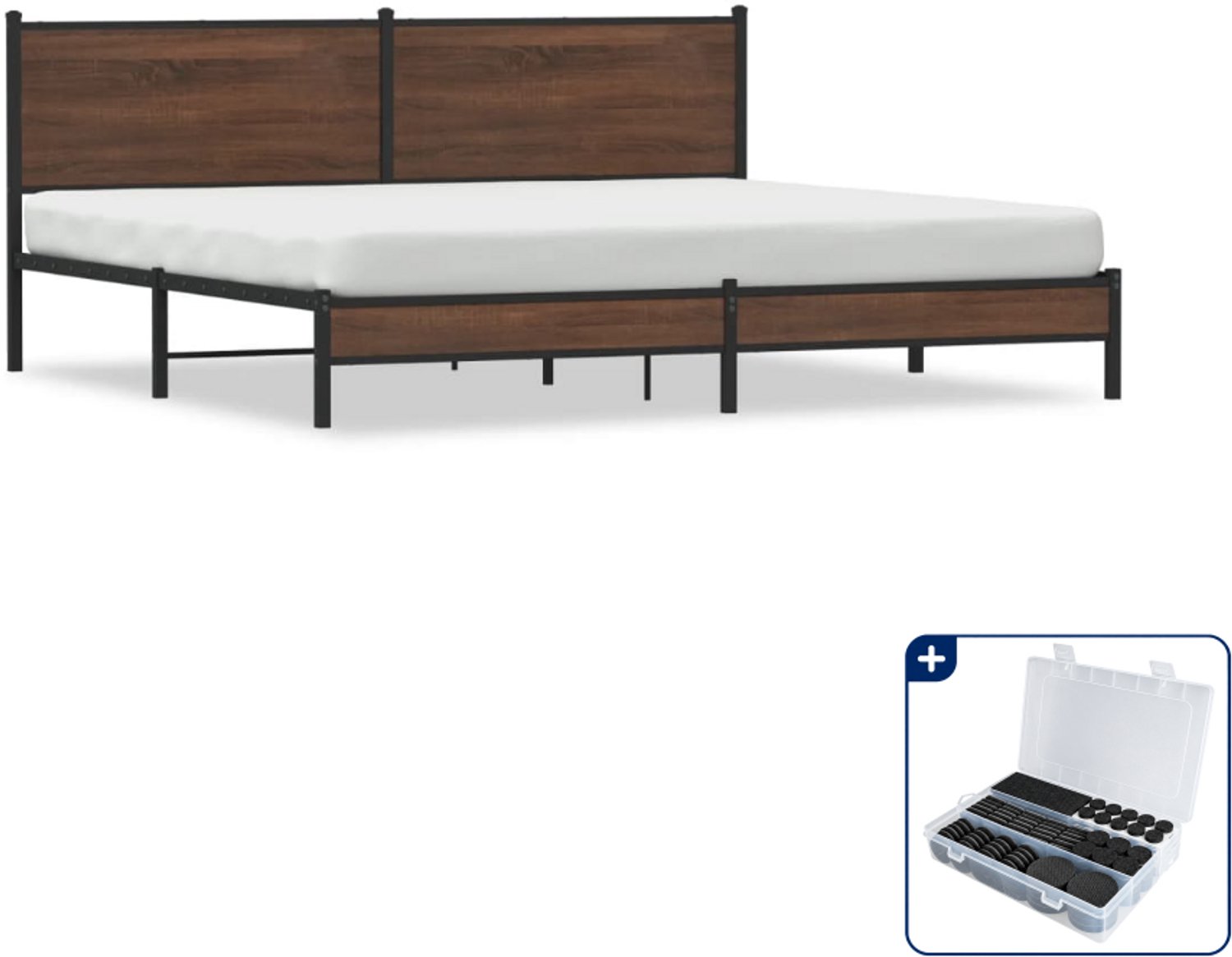 vidaXL bedframe - 193 x 203 cm - staal en bewerkt hout - bruineiken - Inclusief antikrasvilt 177-delig