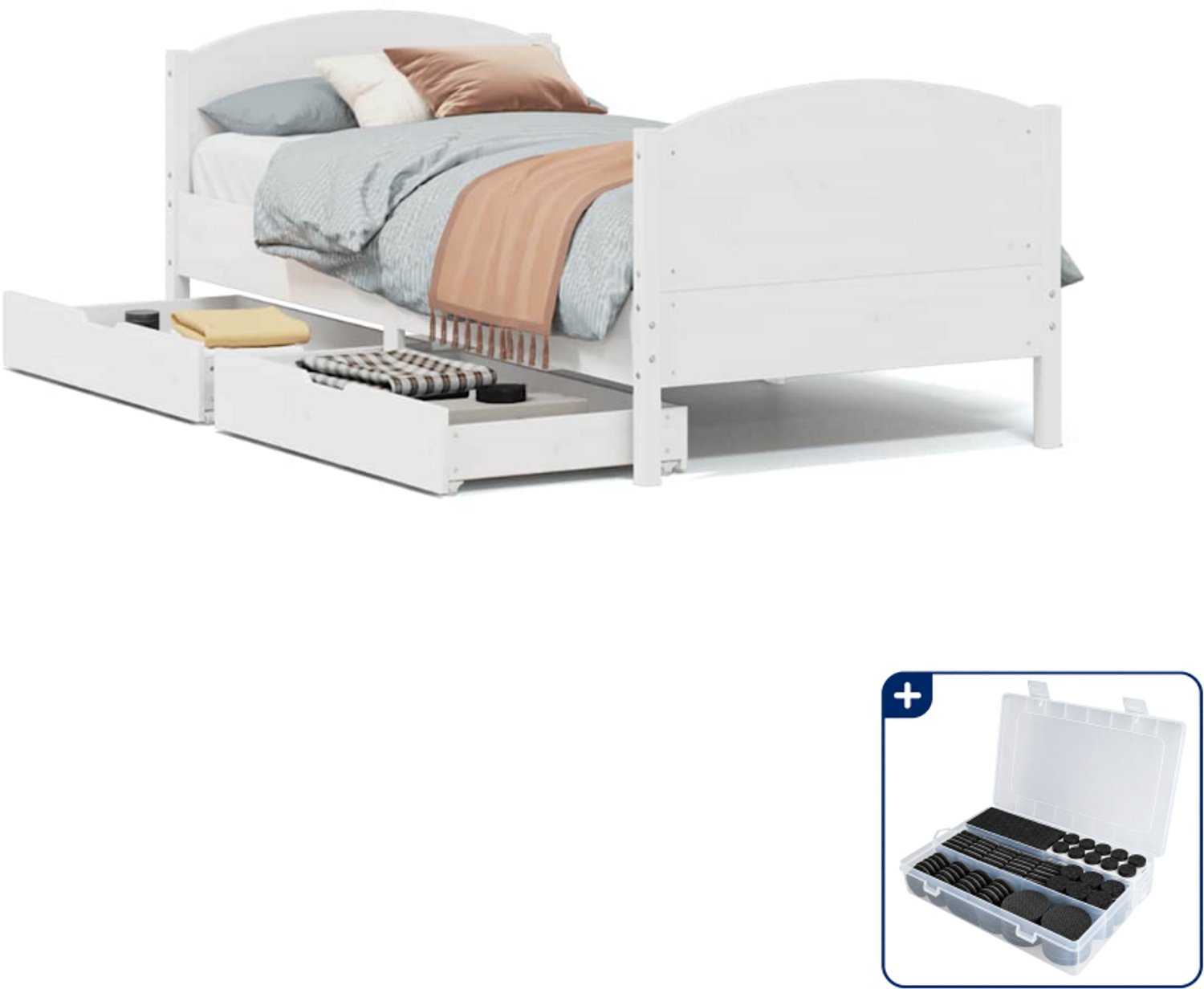 vidaXL bedframe met 2 lades - 90 x 190 cm - massief grenenhout - wit - Inclusief antikrasvilt 177-delig Bruin