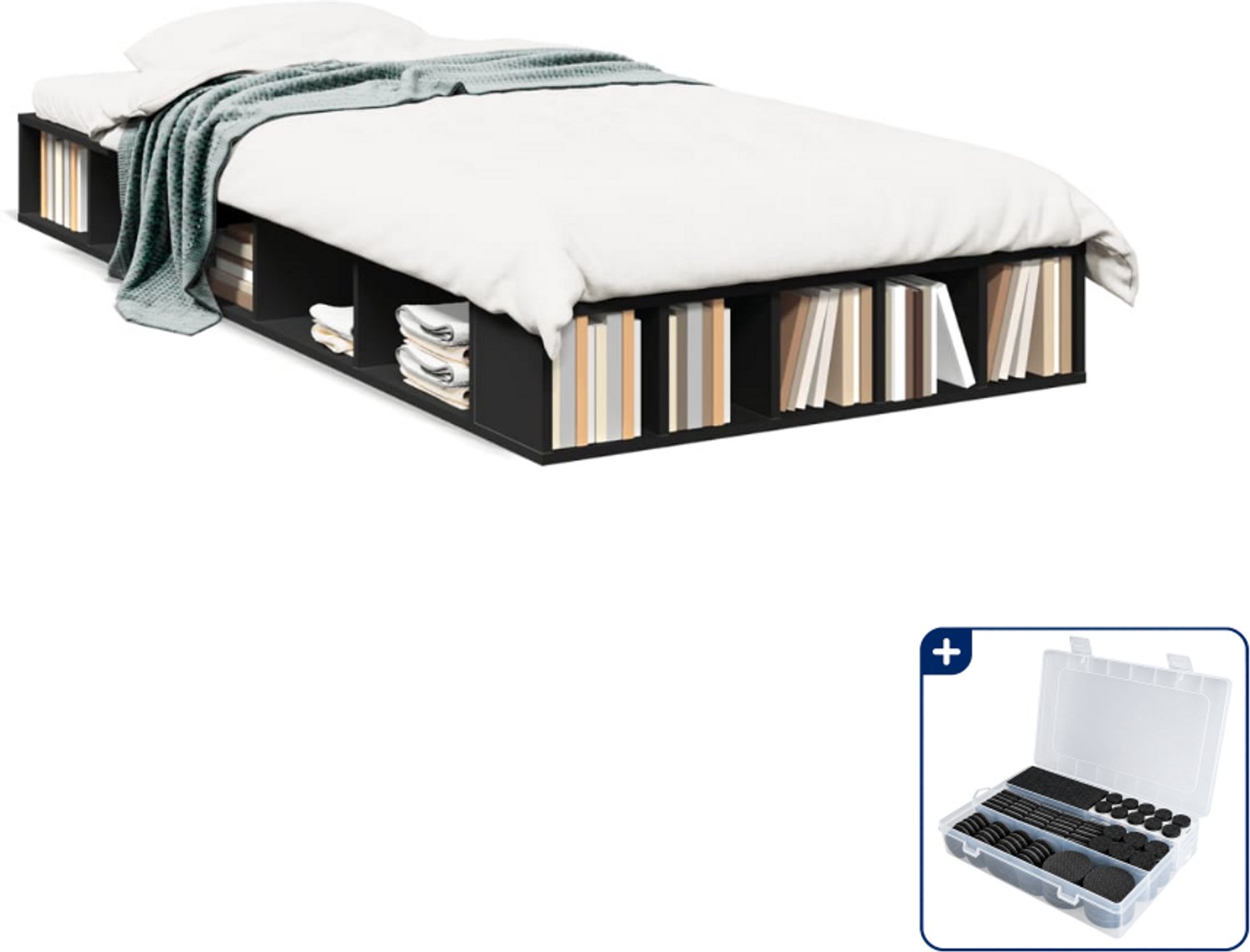 vidaXL bedframe - 100 x 200 cm - bewerkt hout - zwart - Inclusief antikrasvilt 177-delig Grijs