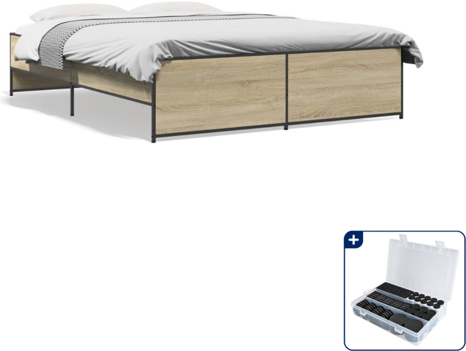 vidaXL bedframe Queensize - 160 x 200 cm - sonoma eiken - Inclusief antikrasvilt 177-delig Bruin