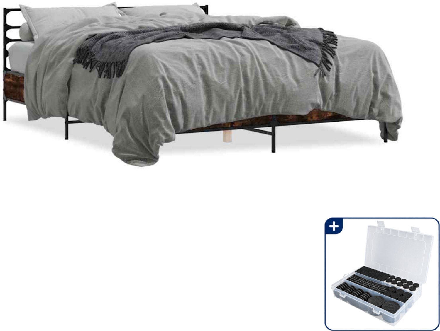 vidaXL Bedframe - 150 x 200 cm - bewerkt hout en metaal - gerookt eiken - Inclusief antikrasvilt 177-delig Wit