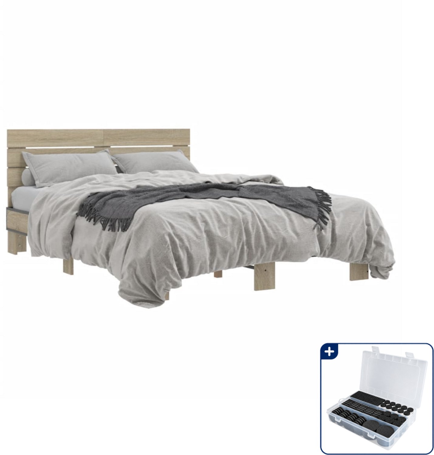 vidaXL Bedframe - Small double - 140 x 200 cm - sonoma eiken - Inclusief antikrasvilt 177-delig Zwart