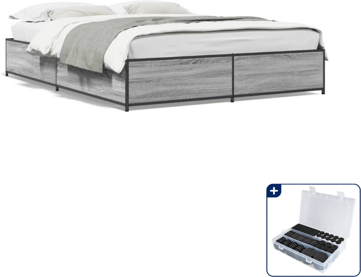 vidaXL bedframe - 135 x 190 cm - bewerkt hout en staal - grijs sonoma eiken - Inclusief antikrasvilt 177-delig