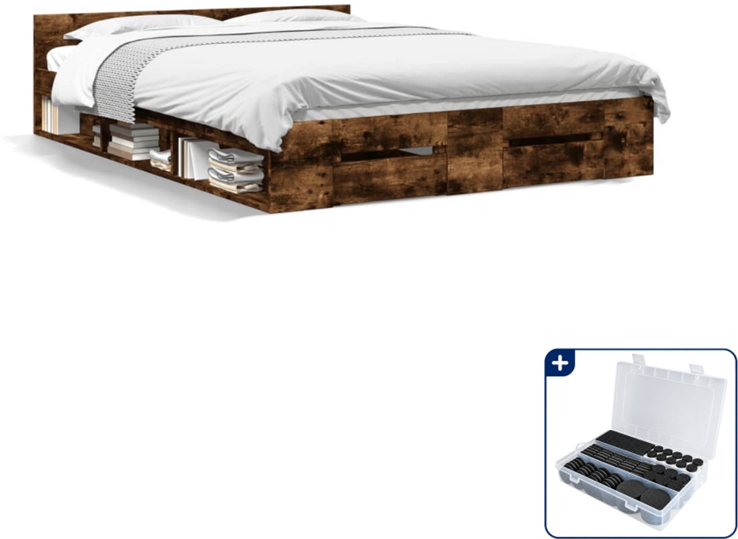 vidaXL bedframe 135 x 190 cm - bewerkt hout - gerookt eiken - Inclusief antikrasvilt 177-delig Zwart