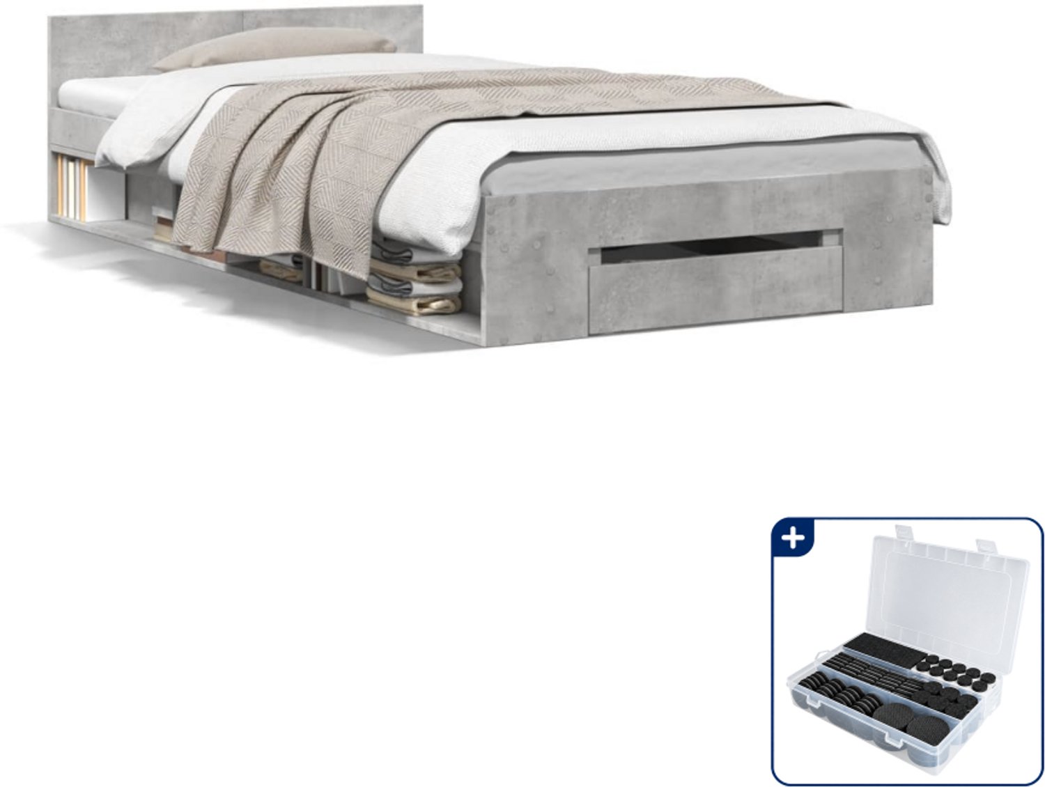 vidaXL bedframe - 90 x 200 cm - bewerkt hout - betongrijs - Inclusief antikrasvilt 177-delig