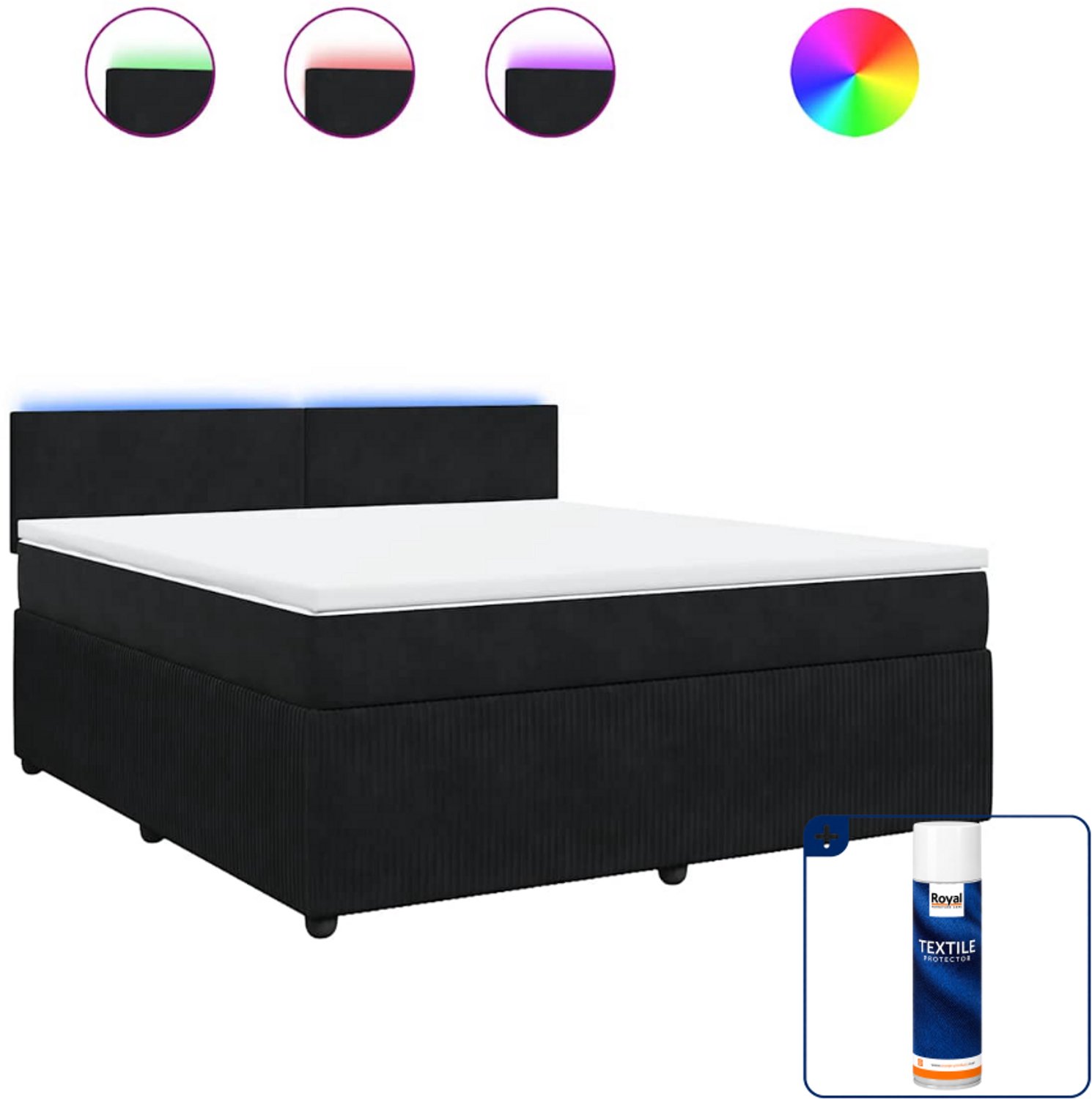 vidaXL Kingsize boxspring met matras - 180 x 200 cm - fluweel - zwart - Inclusief textielbeschermer 500 ml
