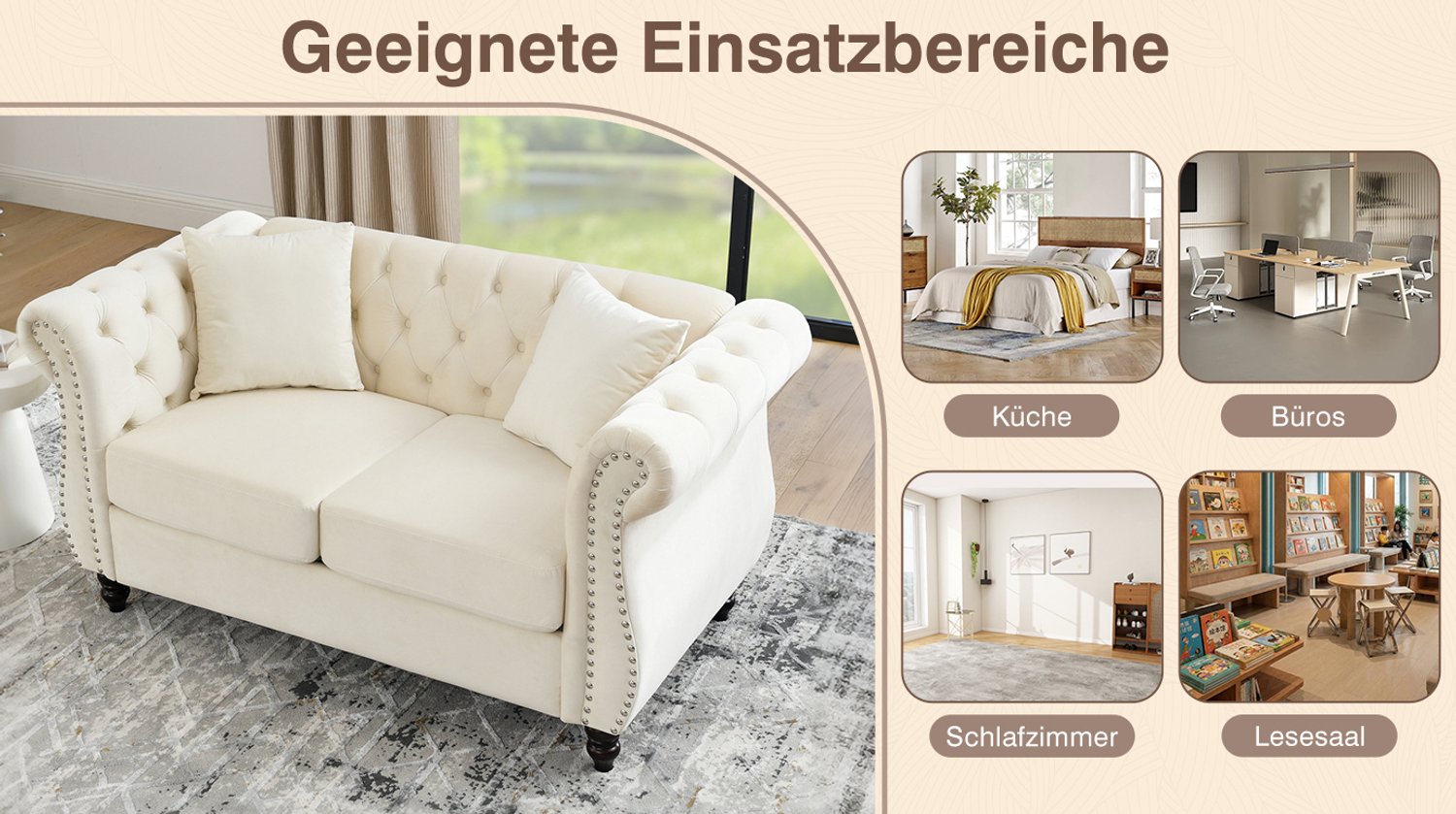 MODENUIT Chesterfield Bank 148 x 73,6 x 78 cm - 2-Zits Met Knoopdecoratie - Woonkamer - Fluweel - Beige